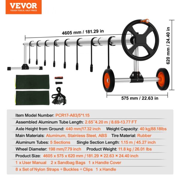 VEVOR pool cover reel with accessories, detailed dimensions, and construction materials displayed.