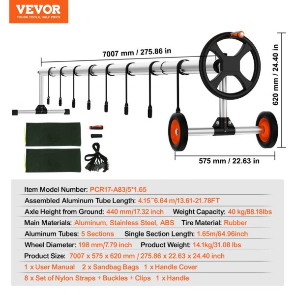 VEVOR pool cover reel with aluminum tubes, adjustable straps, and ergonomic wheels for easy handling.