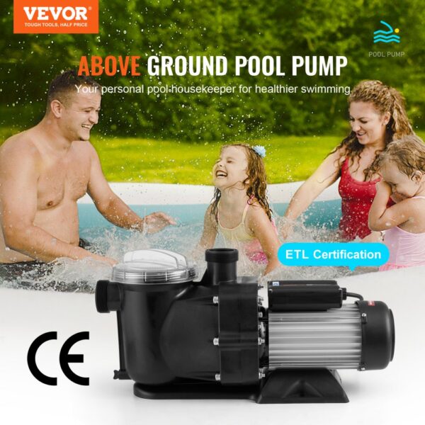 VEVOR Above Ground Swimming Pool Pump Single Speed 1.5 HP 100 GPM 2850RPM UL