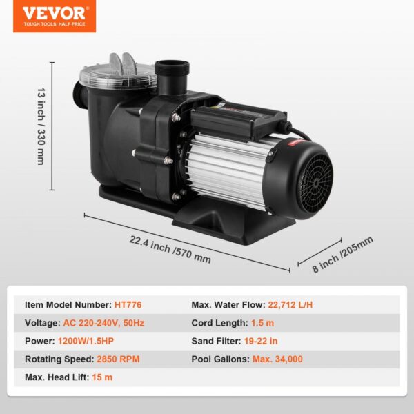 VEVOR Above Ground Swimming Pool Pump Single Speed 1.5 HP 100 GPM 2850RPM UL