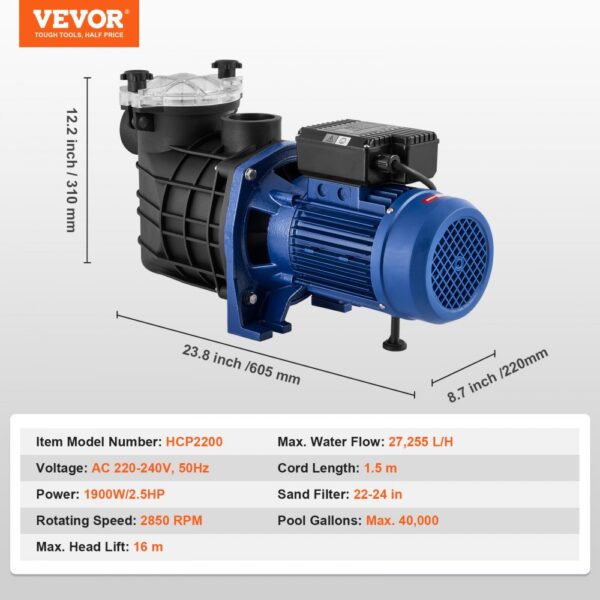 VEVOR Swimming Pool Pump 2.5HP 120GPM Max Flow Single Speed Filter Pump 220V 2850RPM 50ft Max Head Pool Pump with Filter Basket for Above Ground Pools Hot Tubs Spas