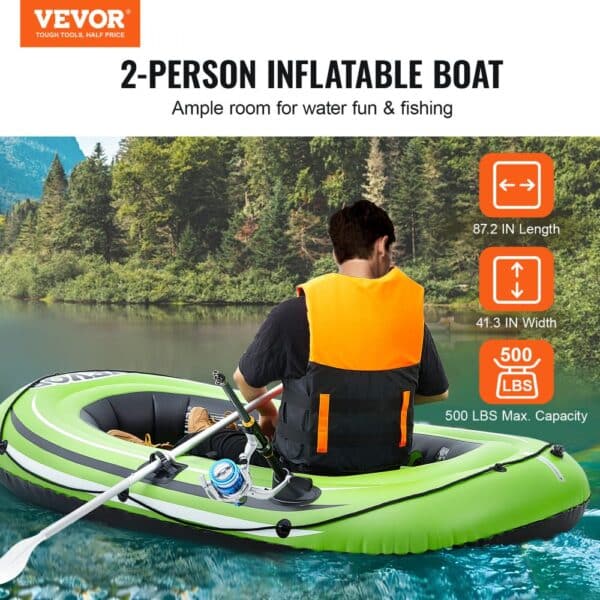 VEVOR inflatable fishing boat, 2-person, 87.2x41.3 in, 500 lbs capacity, on a serene lake.