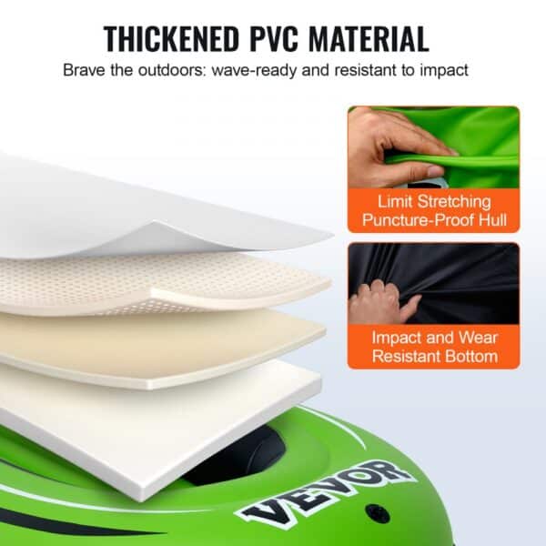 thickened pvc material layers of VEVOR inflatable fishing boat showcasing durability and resistance.