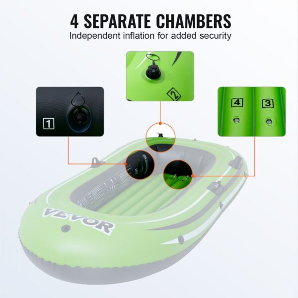 VEVOR inflatable fishing boat with 4 separate chambers for independent inflation, green color.