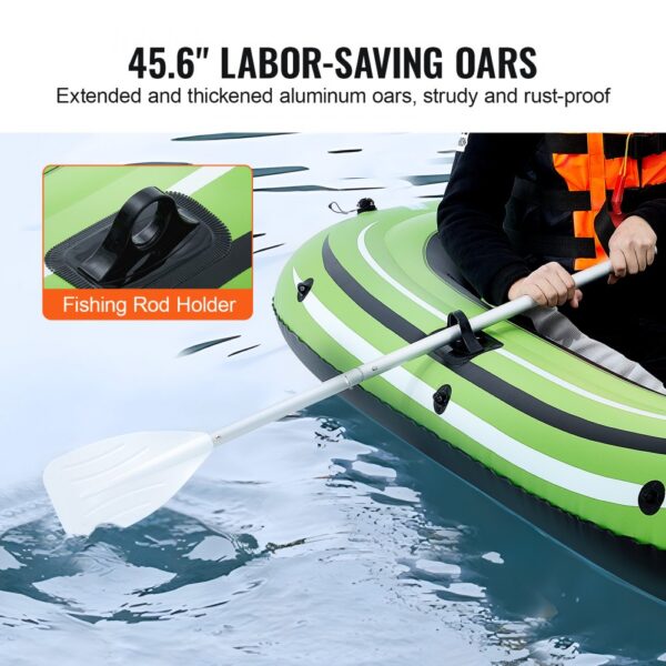 VEVOR inflatable fishing boat with aluminum oars, fishing rod holder, and green striped design on water.