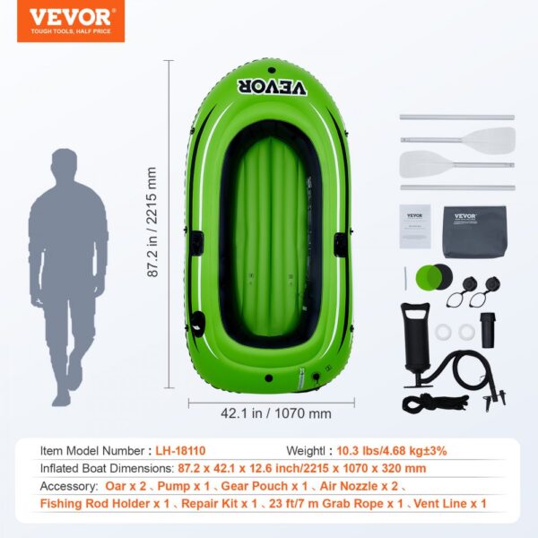 VEVOR inflatable fishing boat with paddle, pump, gear pouch, and repair kit; 87.2 x 42.1 in, green