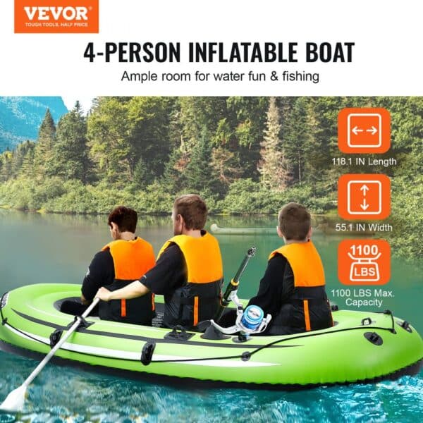 VEVOR inflatable boat for 4 people on a lake with orange life vests, 118.1x55.1 in, 1100 lbs capacity.