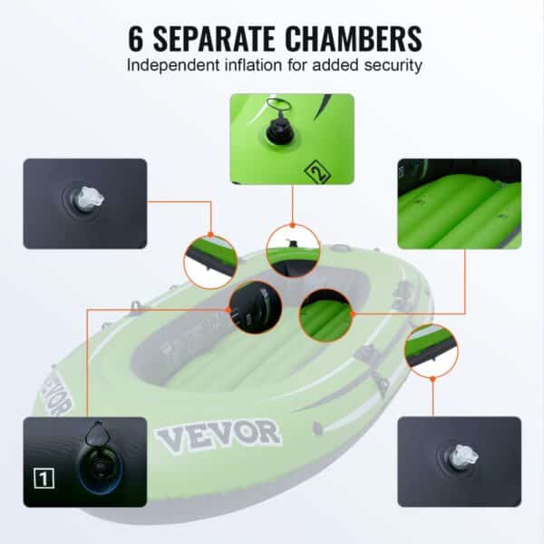 VEVOR inflatable boat with 6 separate chambers for added security, highlighting various inflation points.