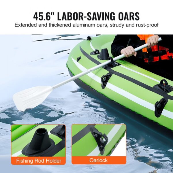 VEVOR inflatable boat on water with 45.6" labor-saving oars, fishing rod holder, and oarlock.