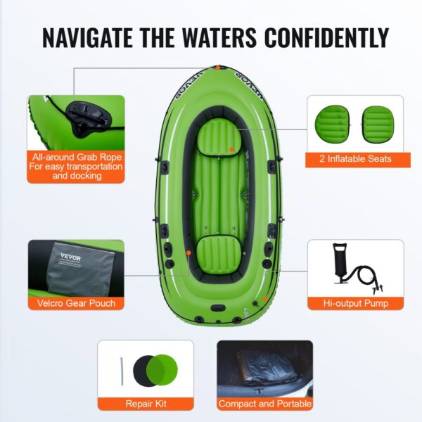 VEVOR inflatable boat with hi-output pump, all-around grab rope, velcro gear pouch, and repair kit.