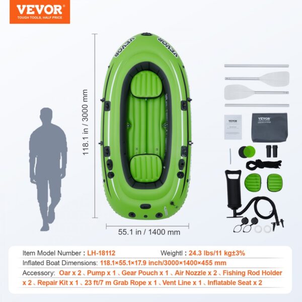 VEVOR inflatable boat, green, 118.1 x 55.1 in, accessories include oars, pump, gear pouch, and repair kit.