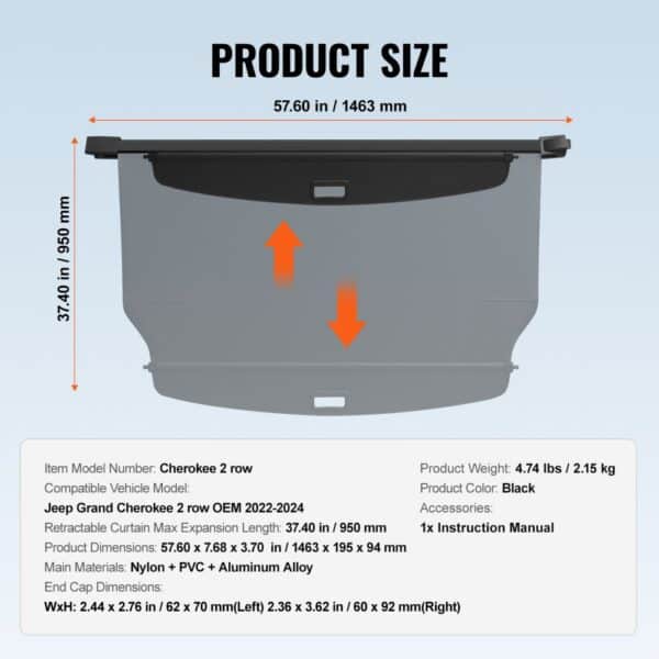 VEVOR jeep grand cherokee cargo cover dimensions: 57.60 x 37.40 in, compatible with oem 2022-2024 models.