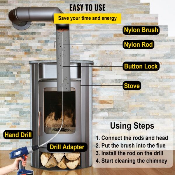 VEVOR chimney sweep kit detailing nylon brush, stove, and hand drill for easy cleaning.