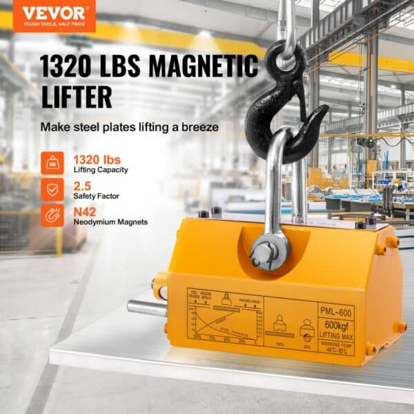 VEVOR 1320 lbs magnetic lifter lifting steel plates in a bright industrial setting.