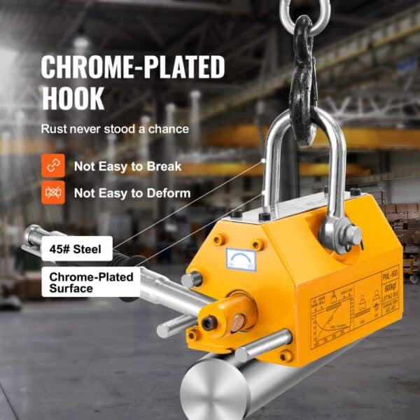 VEVOR magnetic lifter with chrome-plated hook in an industrial setting, highlighting durability and rust resistance.