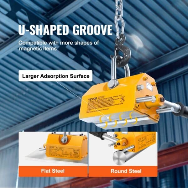 VEVOR magnetic lifter with u-shaped groove, larger adsorption surface for flat and round steel.