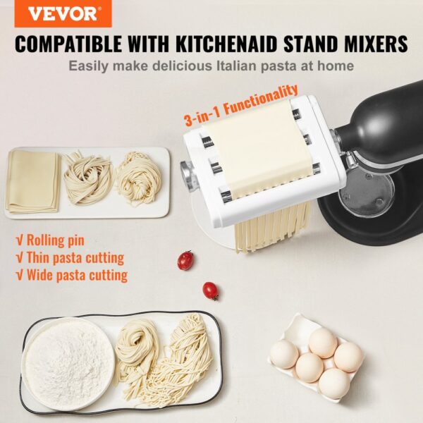 VEVOR pasta attachment for kitchenaid stand mixers, showing 3-in-1 functionality and pasta cutting.