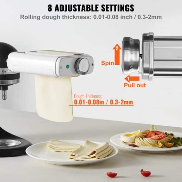 VEVOR pasta attachment with dough thickness settings from 0.01-0.08 inches, pasta sheets and dishes.