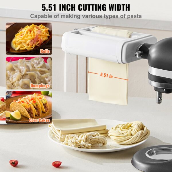 VEVOR pasta attachment cutting dough sheets, making rolls, dumplings, and corn cakes, 5.51-inch width.