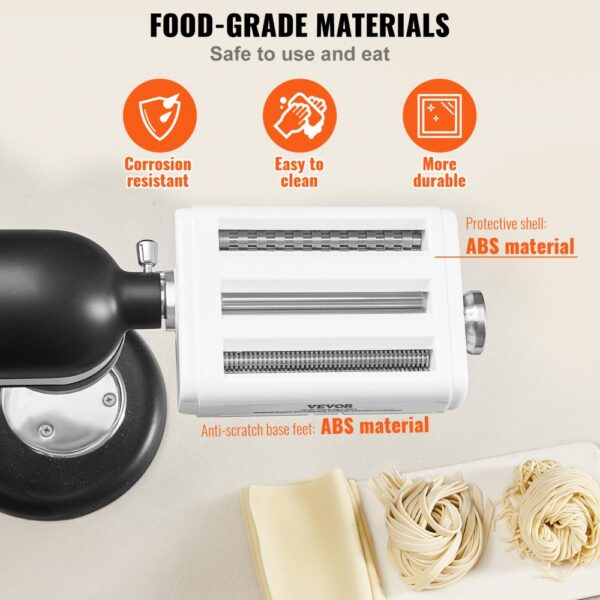VEVOR pasta attachment with abs protective shell and base, food-grade, corrosion-resistant, easy to clean.