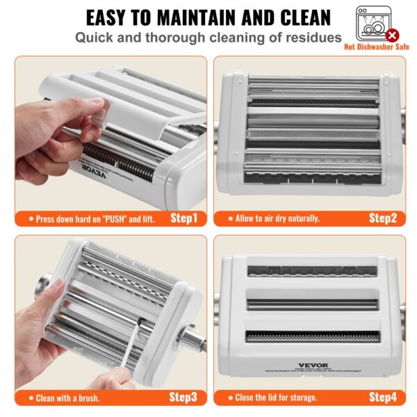 cleaning steps for the VEVOR pasta attachment: push to detach, air dry, brush clean, close for storage.