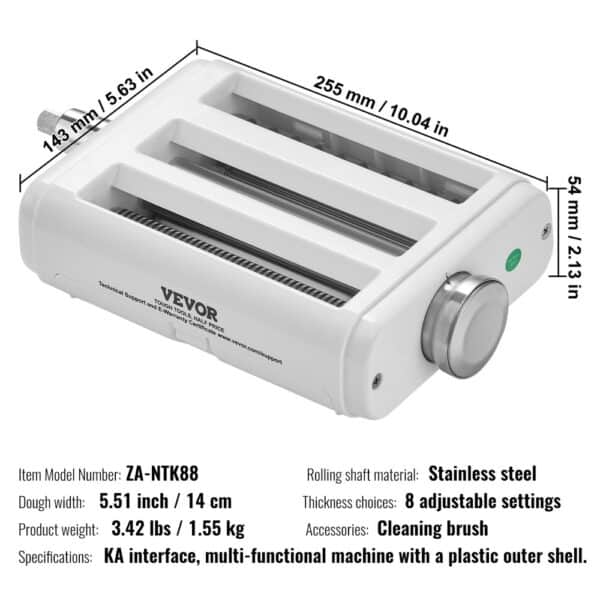 VEVOR pasta attachment with stainless steel rollers, 8 adjustable settings, and cleaning brush.