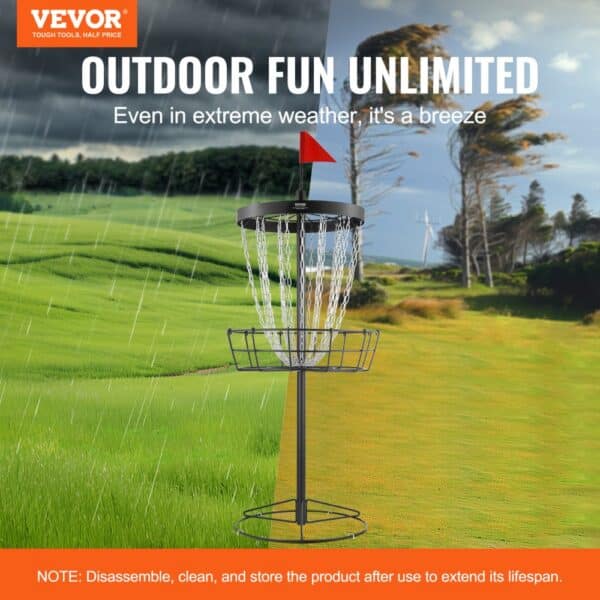 VEVOR disc golf basket in varying weather conditions with outdoor field background, showcasing durability.