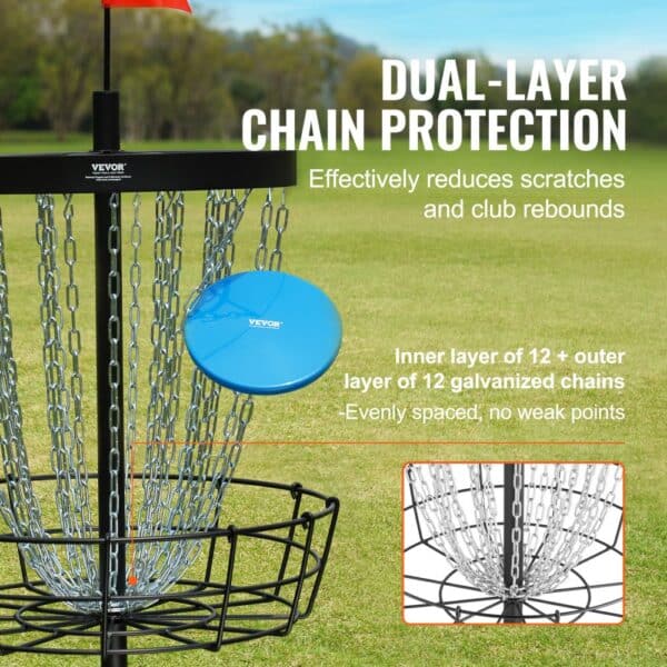 VEVOR disc golf basket with dual-layer chain protection, reducing scratches and rebounds on the grass.