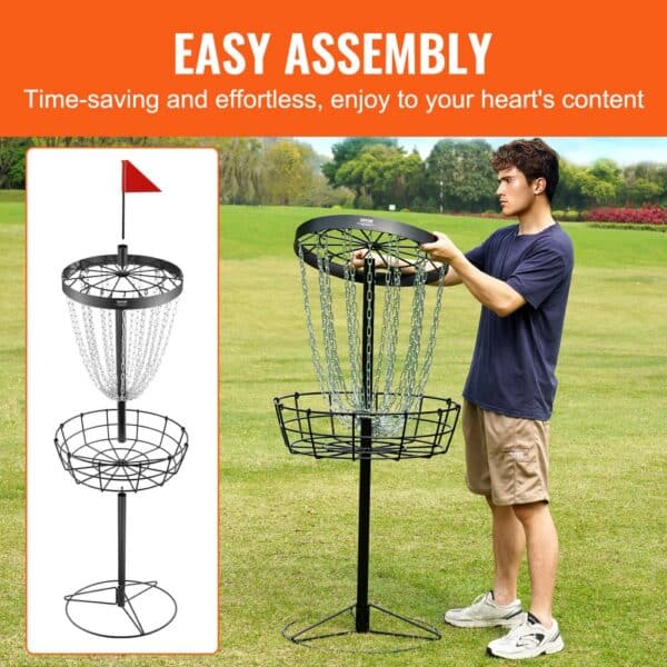 VEVOR disc golf basket easy assembly showcased in a park with a person demonstrating setup.