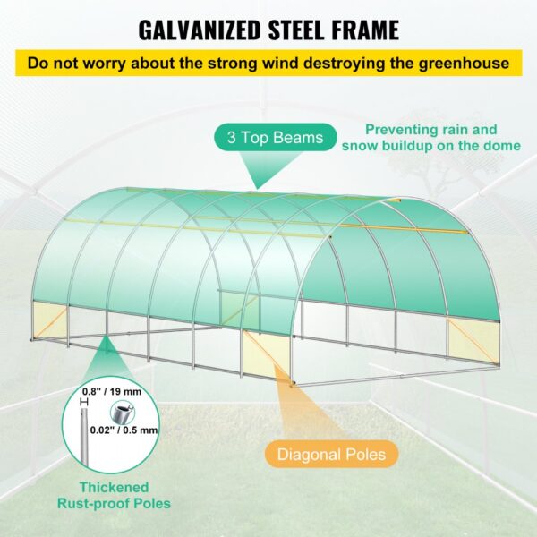 VEVOR walk-in tunnel greenhouse with galvanized steel frame, 3 top beams, and rust-proof thickened poles.