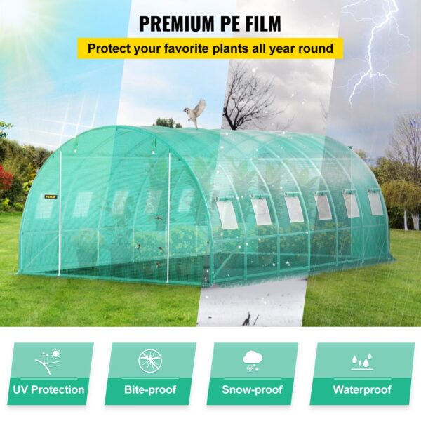 VEVOR walk-in tunnel greenhouse with uv protection, bite-proof, snow-proof, and waterproof features.