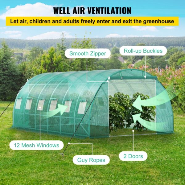 VEVOR walk-in tunnel greenhouse with 12 mesh windows, smooth zipper, roll-up buckles, and 2 doors.