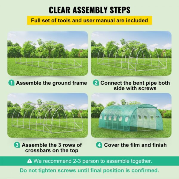 clear assembly steps for the VEVOR walk-in tunnel greenhouse with step-by-step frame instructions.