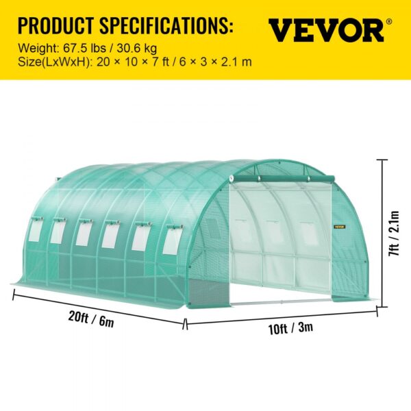 VEVOR walk-in tunnel greenhouse with dimensions 20x10x7 ft, weight 67.5 lbs, featuring multiple vents.