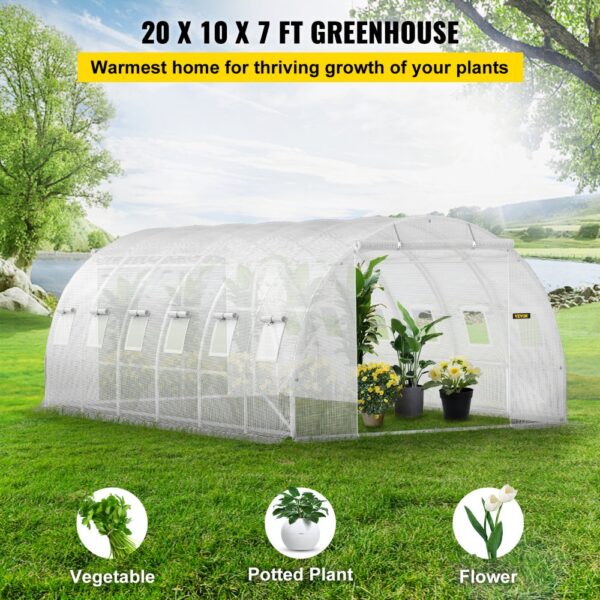 VEVOR tunnel greenhouse in a scenic garden with potted plants, flowers, and vegetables inside.