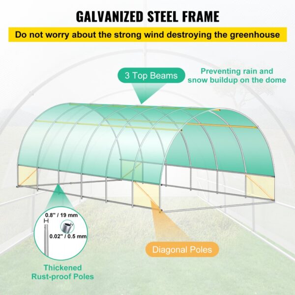 VEVOR tunnel greenhouse with galvanized steel frame, rust-proof poles, top beams, and diagonal support poles.