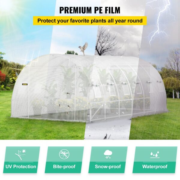 VEVOR tunnel greenhouse with uv, bite, snow, and waterproof premium pe film for year-round plant protection.