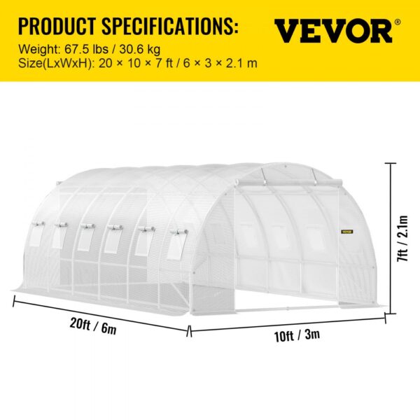 VEVOR tunnel greenhouse, 20x10x7 ft, 67.5 lbs, detailed with dimensions and brand logo.