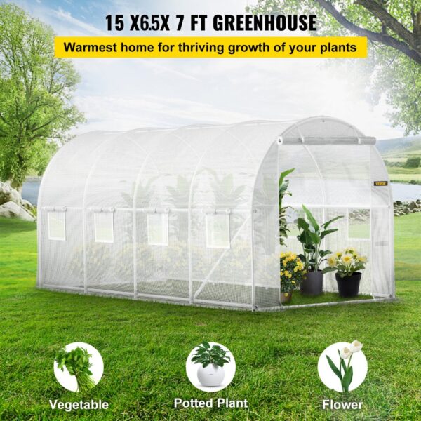 VEVOR tunnel greenhouse 15x7x7 ft with plants, vegetables, and flowers thriving inside on a sunny day.