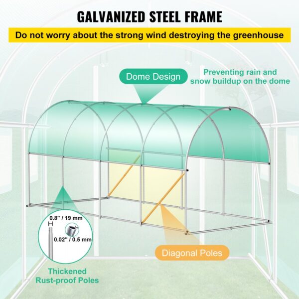 galvanized steel frame VEVOR tunnel greenhouse with dome design for rain and snow prevention.