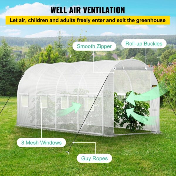 VEVOR tunnel greenhouse with roll-up buckles, smooth zipper, 8 mesh windows, and guy ropes in a garden.