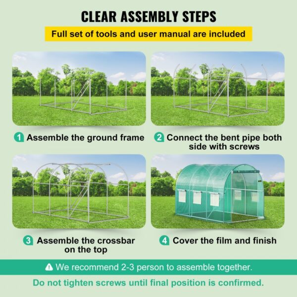 clear assembly steps for VEVOR walk-in greenhouse with tools and user manual included.