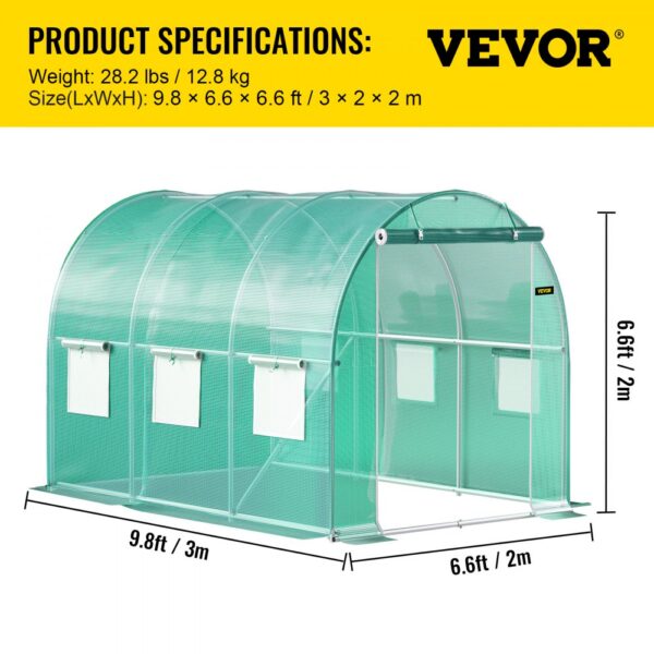 VEVOR walk-in greenhouse, 9.8 x 6.6 x 6.6 ft, 28.2 lbs, green, arched design, ventilated windows.