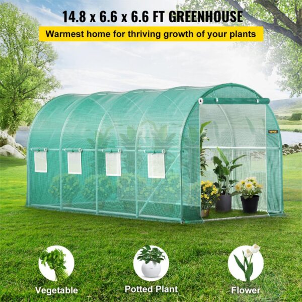 VEVOR walk-in greenhouse 14.8 x 6.6 x 6.6 ft, ideal home for vegetables, potted plants, and flowers.