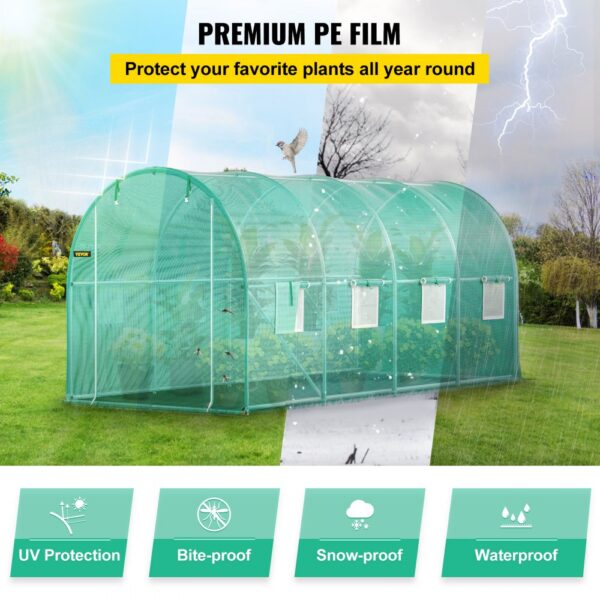 VEVOR walk-in greenhouse with premium pe film, uv protection, bite-proof, snow-proof, and waterproof features.