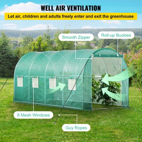 VEVOR walk-in greenhouse with 8 mesh windows, roll-up buckles, smooth zipper, and guy ropes.