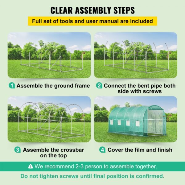 VEVOR walk-in greenhouse assembly steps: ground frame, bent pipes, crossbar, cover film. full set included.