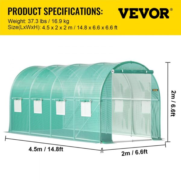 VEVOR walk-in greenhouse, dimensions 4.5 x 2 x 2 m, weight 37.3 lbs, with multiple ventilation panels.