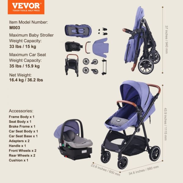 VEVOR Stroller Travel System With Car Seat Playard Baby Combo Light Blue&Black