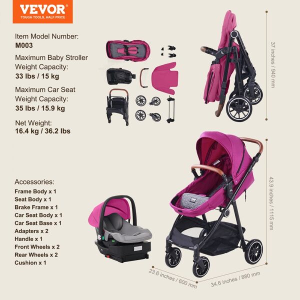 VEVOR Stroller Travel System With Car Seat Playard Baby Combo Set Fuchsia